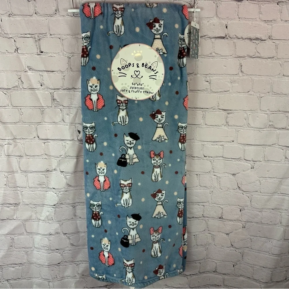 NWT boops & beans pversized Whimsical Blue soft fluffy throw paris cats coquette